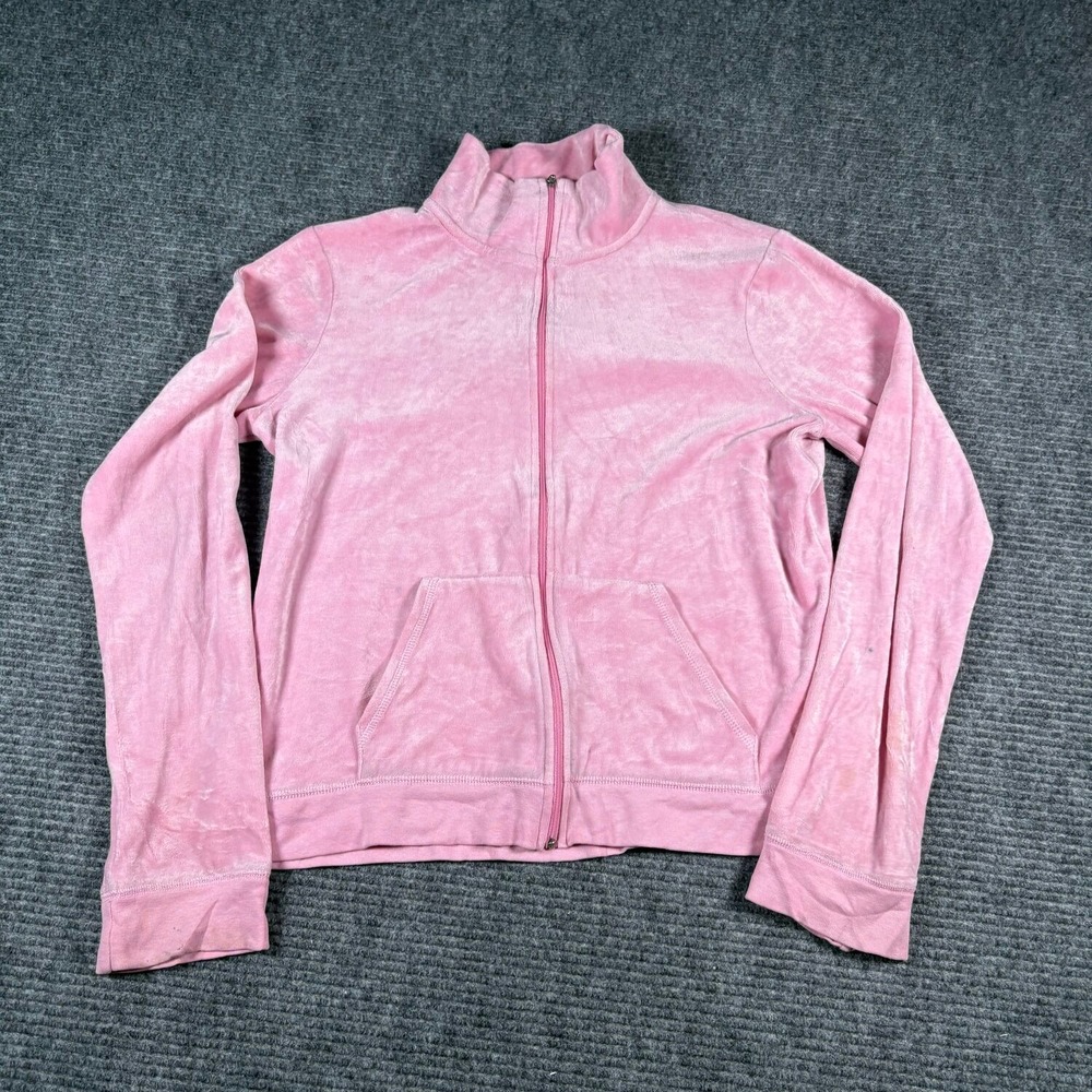 Vtg Simply by E Velour Track Jacket Womens M Pink Good Y2K Full Zip Mock Neck